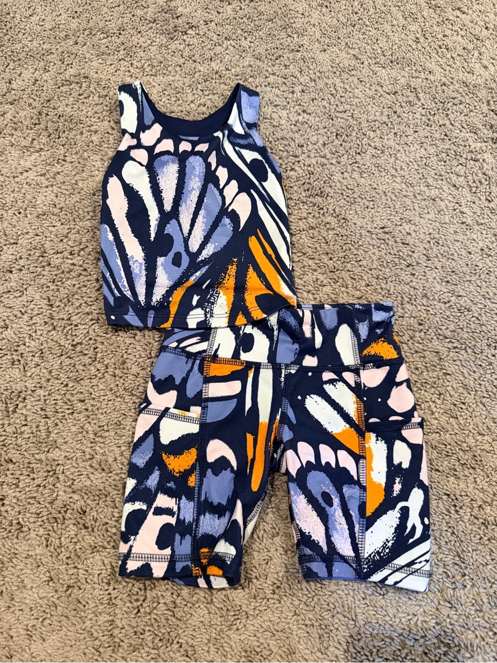 Athletic Works Navy, Orange & Light Pink Abstract Tank and Bike Shorts Set
